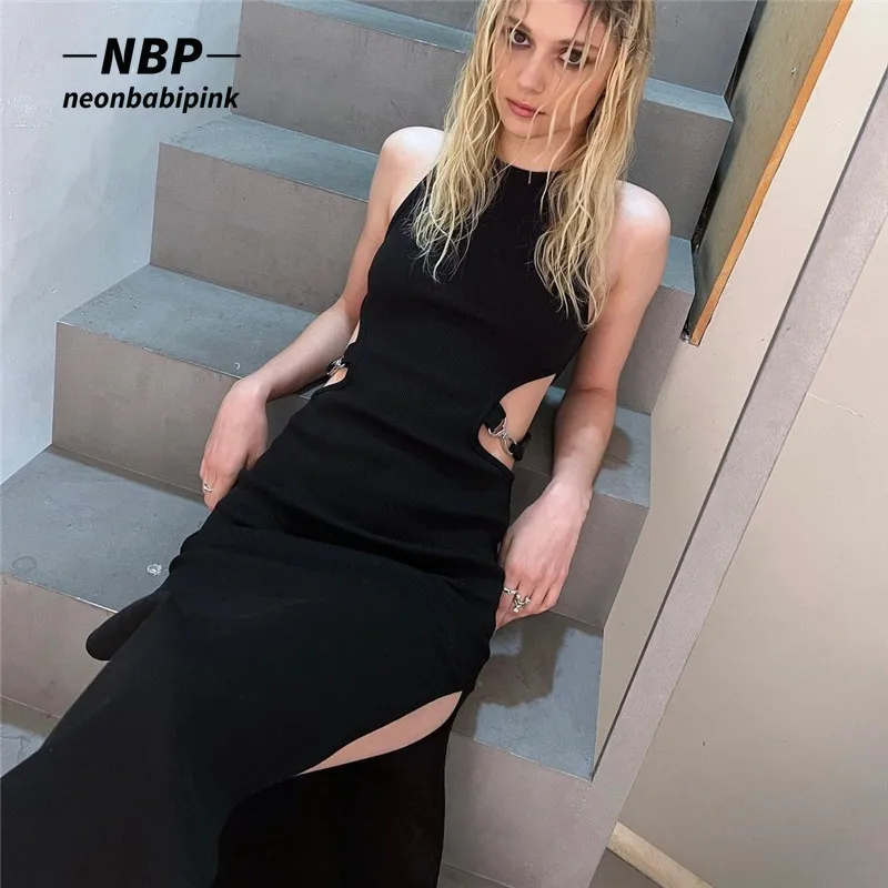 

Женское длинное платье в рубчик NEONBABIPINK, черное облегающее платье без рукавов с двусторонней пряжкой и высоким разрезом