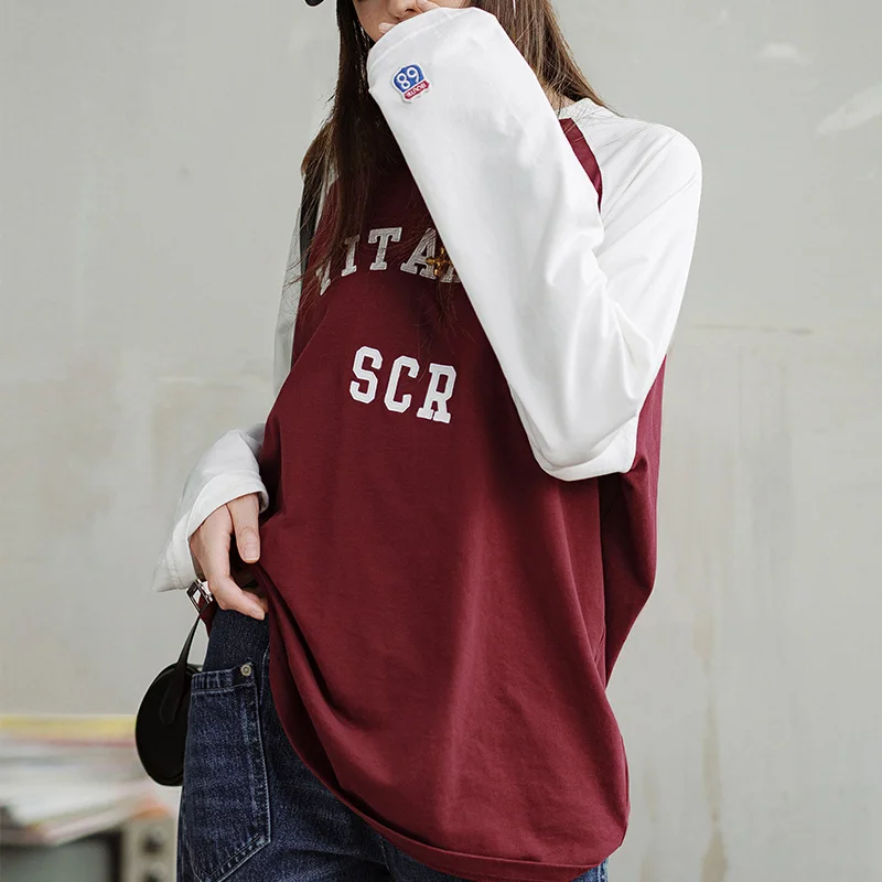 Женская хлопковая футболка с длинным рукавом Maden бордовые Топы контрастных