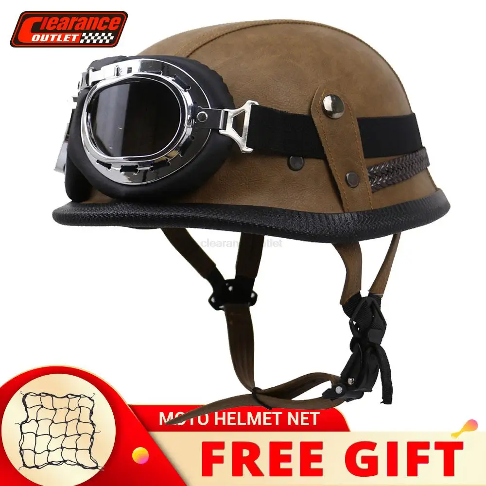 

Summer Motorcycle Helmet German Leather Vintage Casco Moto Camo Motorcycle Open Face Retro Half Helmet Chopper Biker Pilot M-XXL