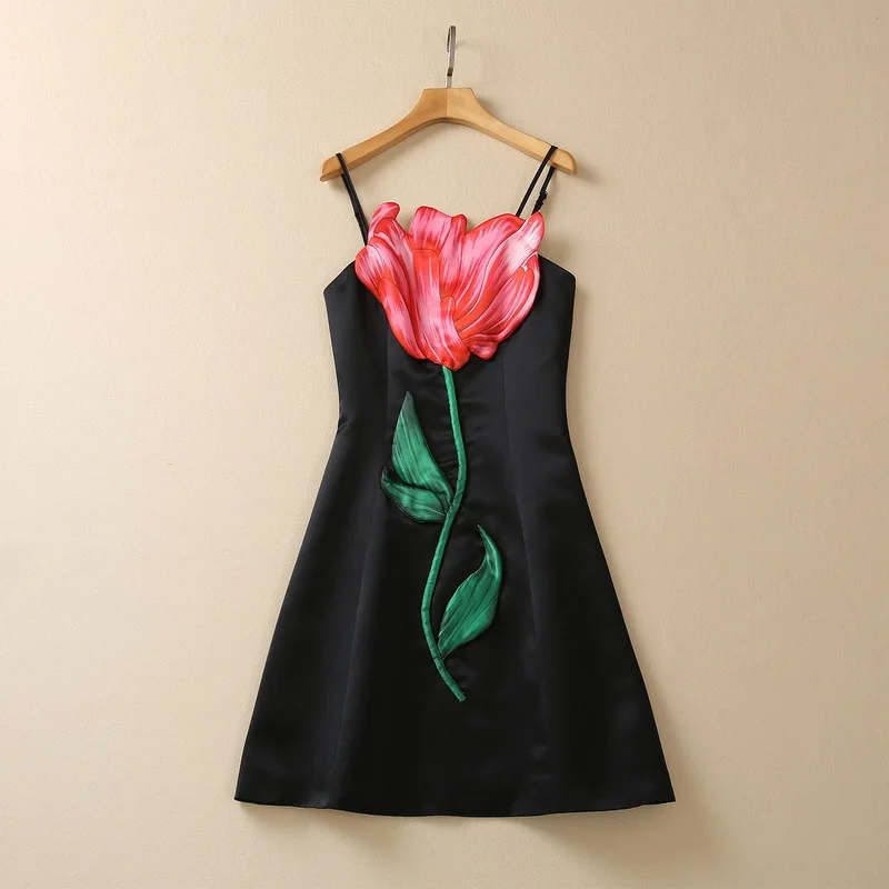 European and American women's clothes 2023 spring new sling Three-dimensional flower applique Fashionable dress