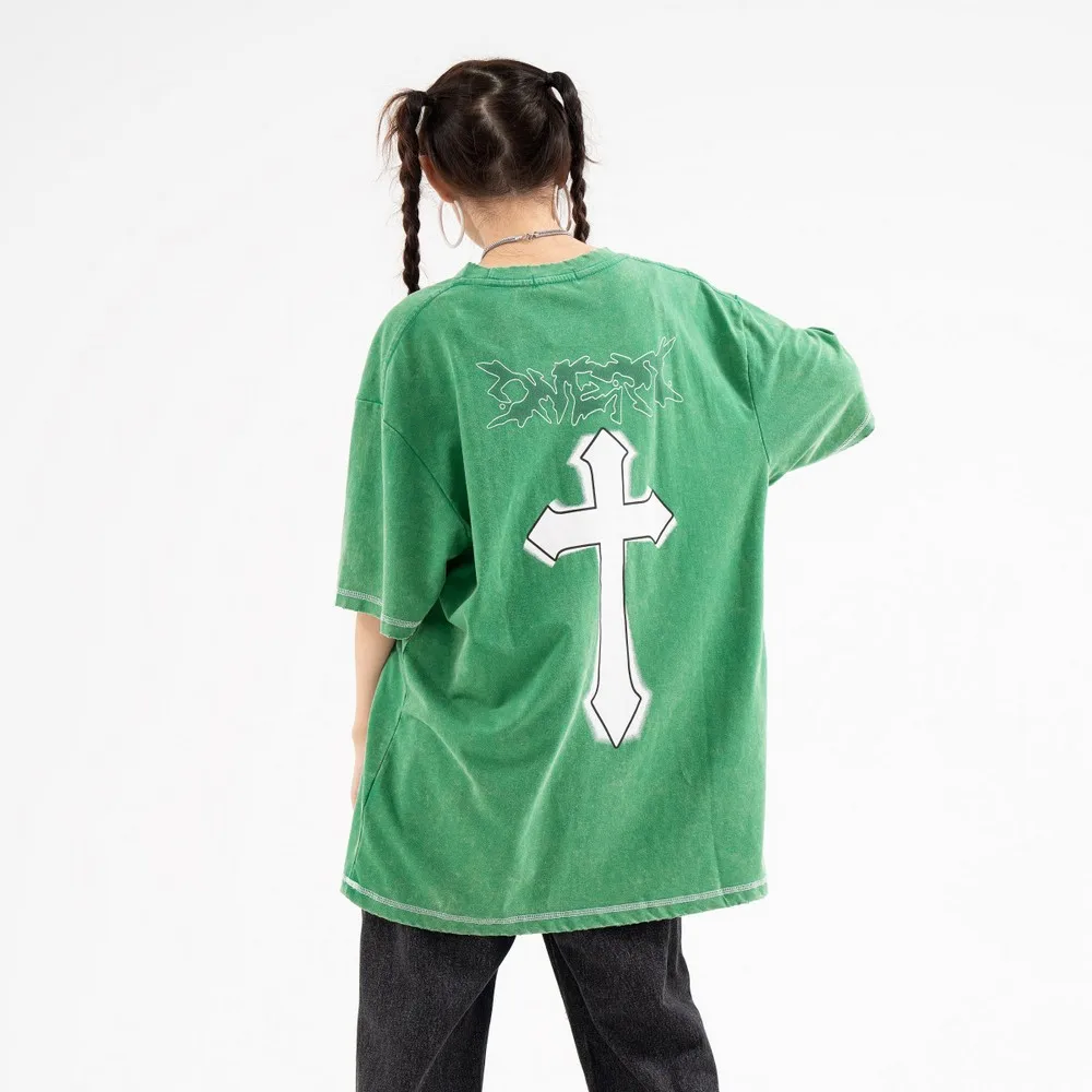 

Distressed Cross Printed Oversized Women's T-Shirt Graphic Summer Tops Women Goth Green Shirts Y2k Aesthetic Paired Clothing