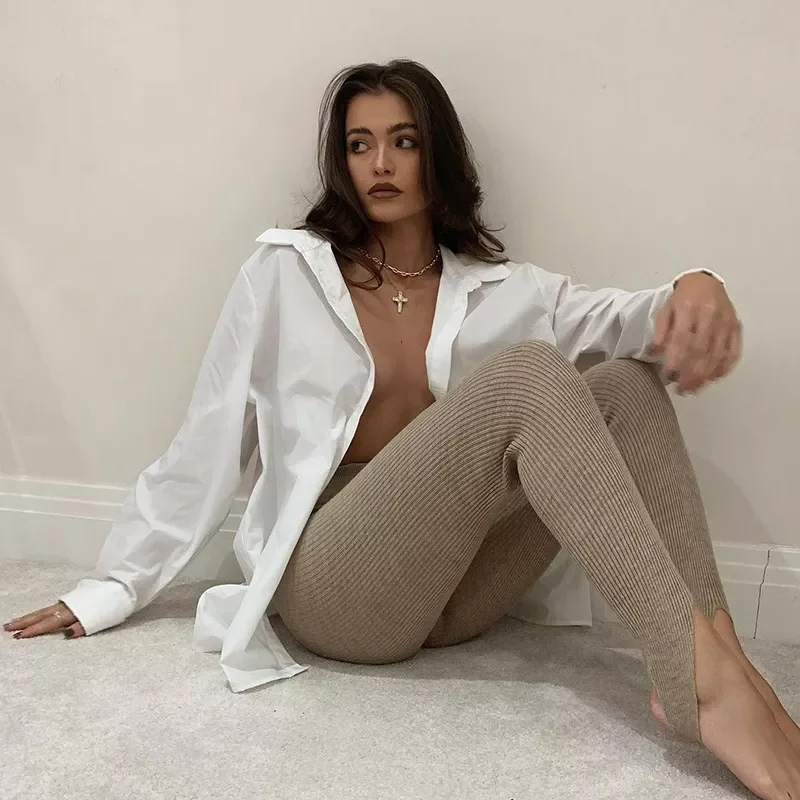 

New2022 женские бежевые ребристые трикотажные хлопковые базовые штаны для фитнеса и йоги, повседневные Весенние Новые Универсальные женские о...