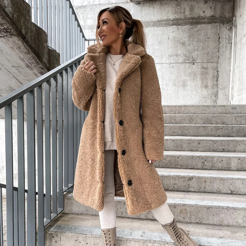 

Faux Wool Blends Women Warm Coat 2023 Winter Single Breasted Outerwear Teddy Plush Overcoats Female Chic Solid Streetwear Coats