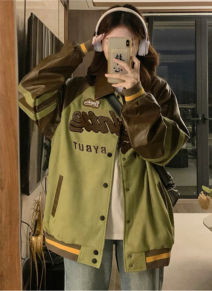 Sweet Cool Deerskin Velvet Outerwear Women Autumn and Winter New Thickened Retro Patchwork Towel Embroidery Jacket Baseball U...