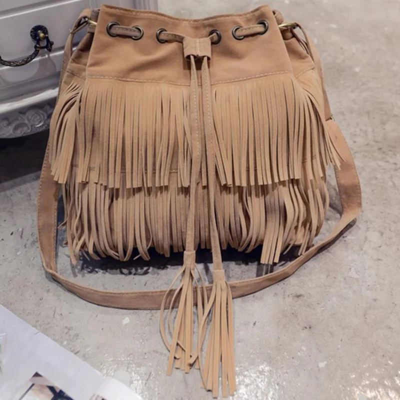 

New Europe and The United States Retro Tassel Bucket Bag One Shoulder Backpack Women's Box Canvas