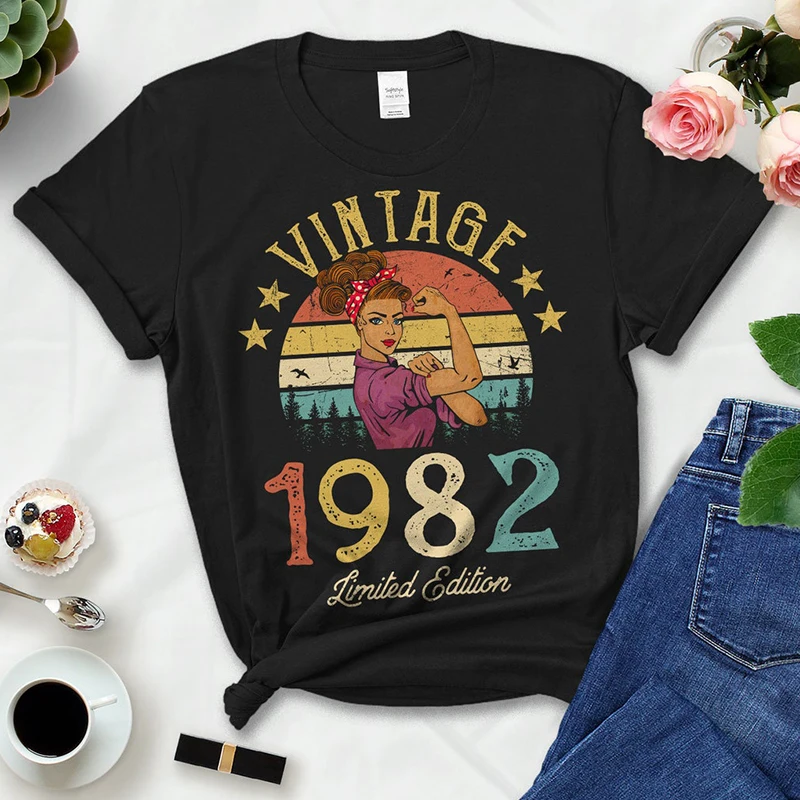

Vintage 1982 41st 40 Years Old Birthday Women T Shirts Summer Fashion Retro Graphic Tee Streetwear Party Tshirt Classic Tops