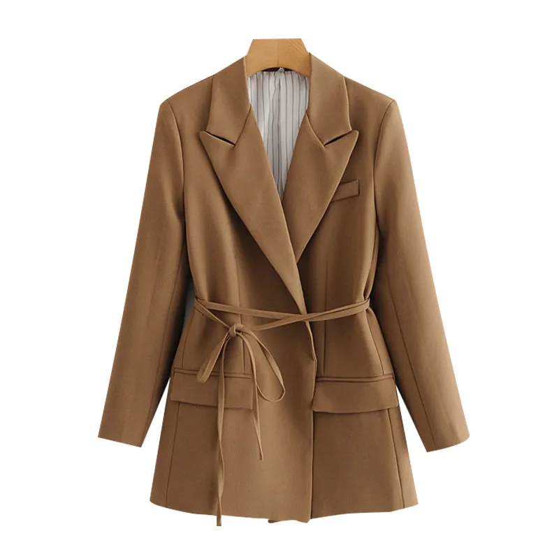 Women Fashion With Tied Wrap Blazers Coat Vintage Long Sleeve Pockets Female Outerwear Chic Tops