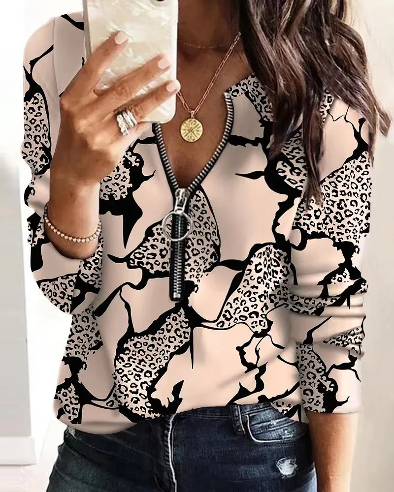 

2023 Spring Summer New Tee Fashion Printed Women Long Sleeve T-shirt Casual Zipper Neckline Female Tops Woman Pullover
