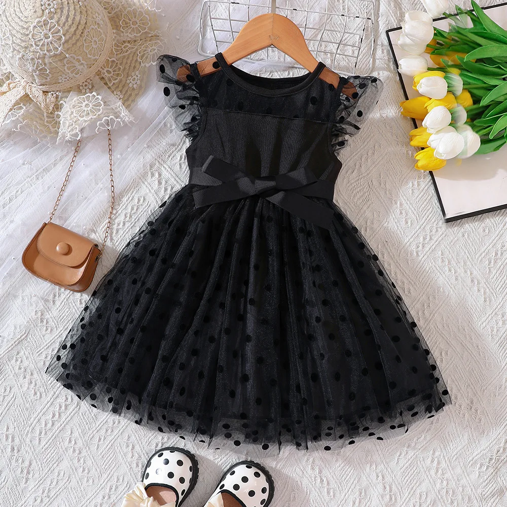 

2023 Summer New Arrival Girls Sleeveless O Neck Mesh Ruffles Dot Black Designer Cute Party Princess Dress Custume 18M-7T