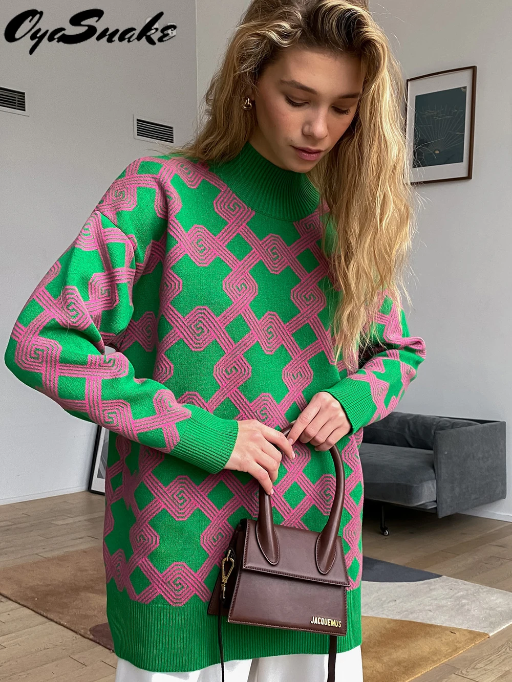 

Женский Осенний трикотажный свитер Oyasnake с геометрическим рисунком, пуловер с высоким воротником, женские джемперы, повседневная трикотажная уличная одежда, 2022