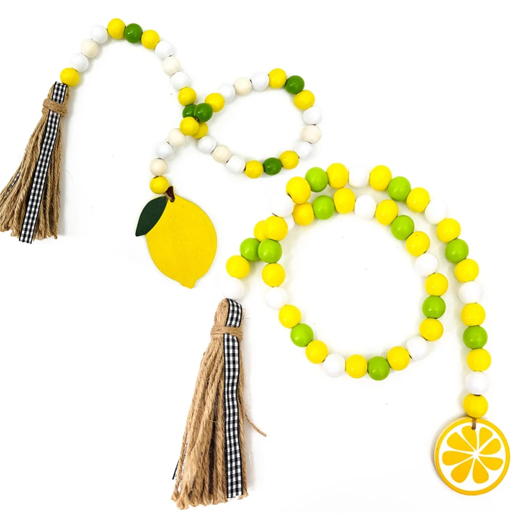 

Wood Bead Garland With Lemon Slice Pendant and Tassel Rustic Country Decor Prayer Boho Beads Wall Hanging Decor