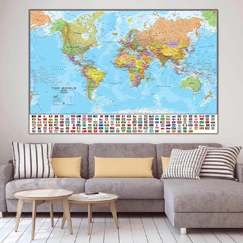 150*100cm The World Map with National Flags HD Printed Non-woven Canvas Painting Wall Art Poster Home Decor Kids School Supplies