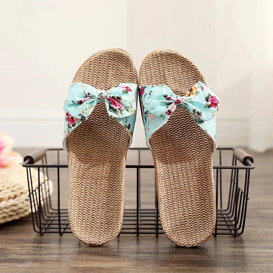 Summer New Linen Women's Slippers with Bow Knot, Non slip Soft Sole, Breathable and Comfortable Household Series Slippers