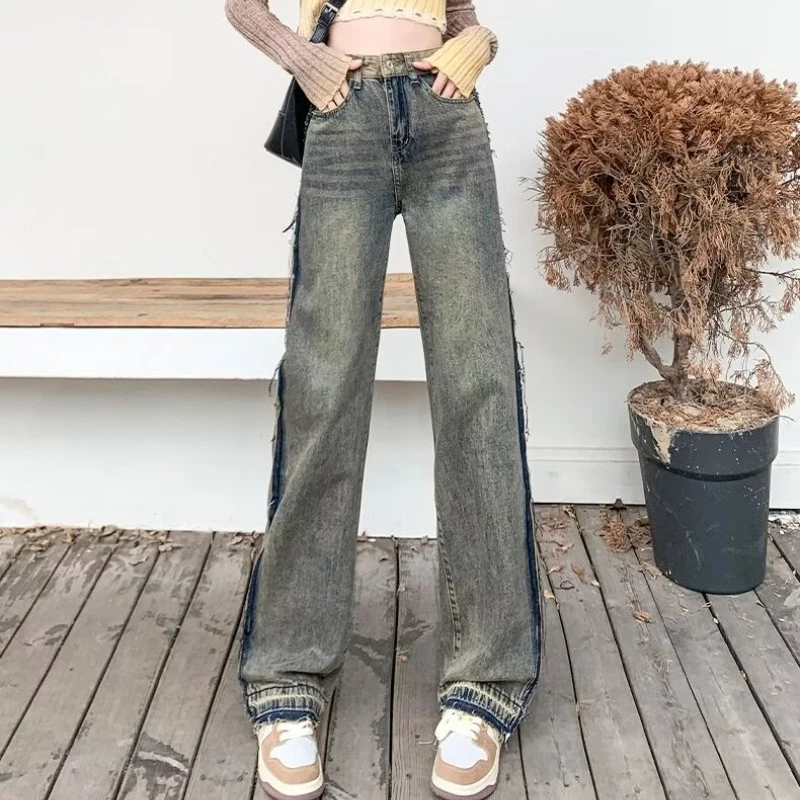 Джинсы женские с бахромой Свободные повседневные брюки из денима завышенной