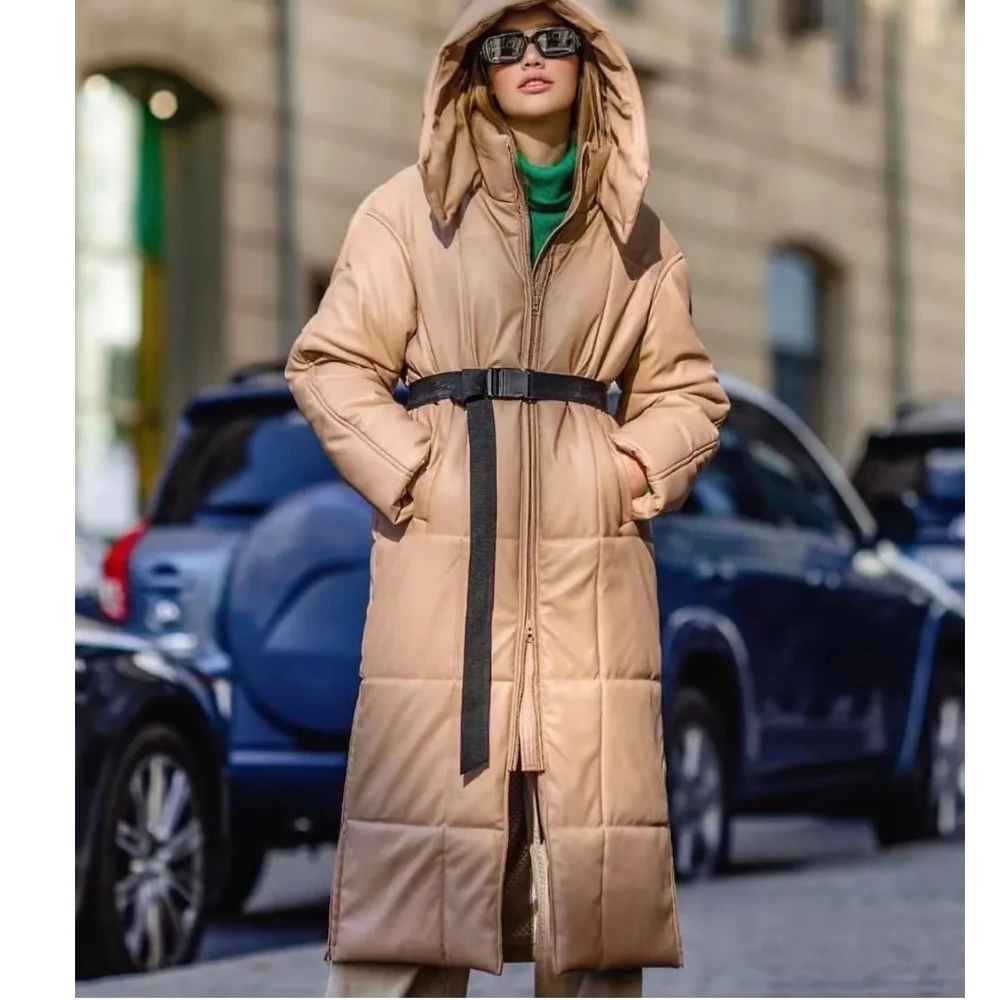 Winter coat women black pink fuax leather jacket thick warm hooded coat casual belt long sleeve long coat female PU parka