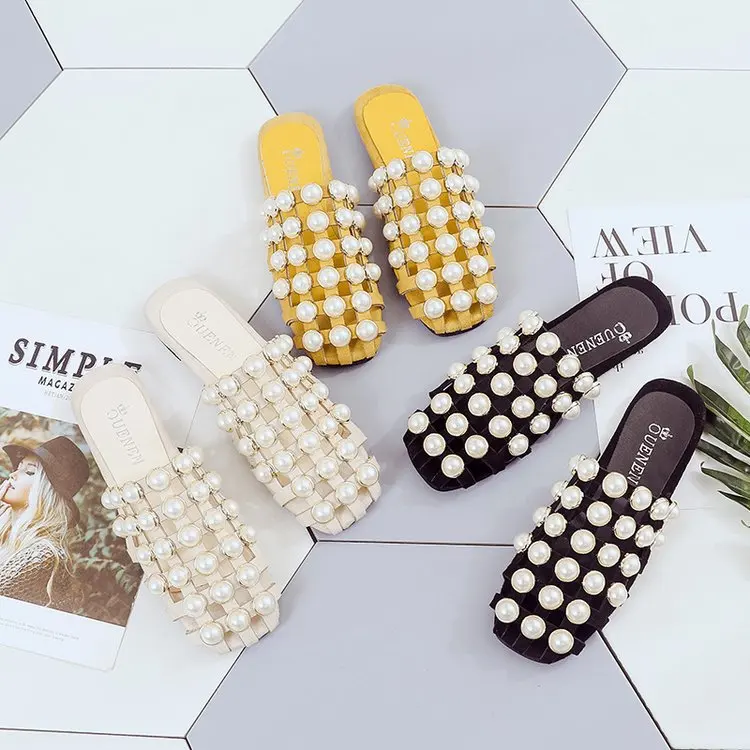 

Spring and Summer New Women's Shoes Pearl Flat Bottom Women' Slippers Hollow Baotou Roman Sandals Women's Half Drag