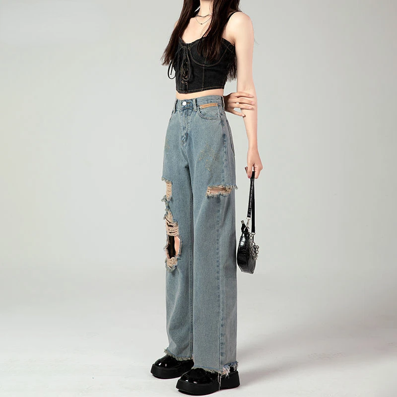 

Рваные Джинсы женские летние тонкие с высокой талией тонкие прямые брюки в стиле ретро с широкими штанинами