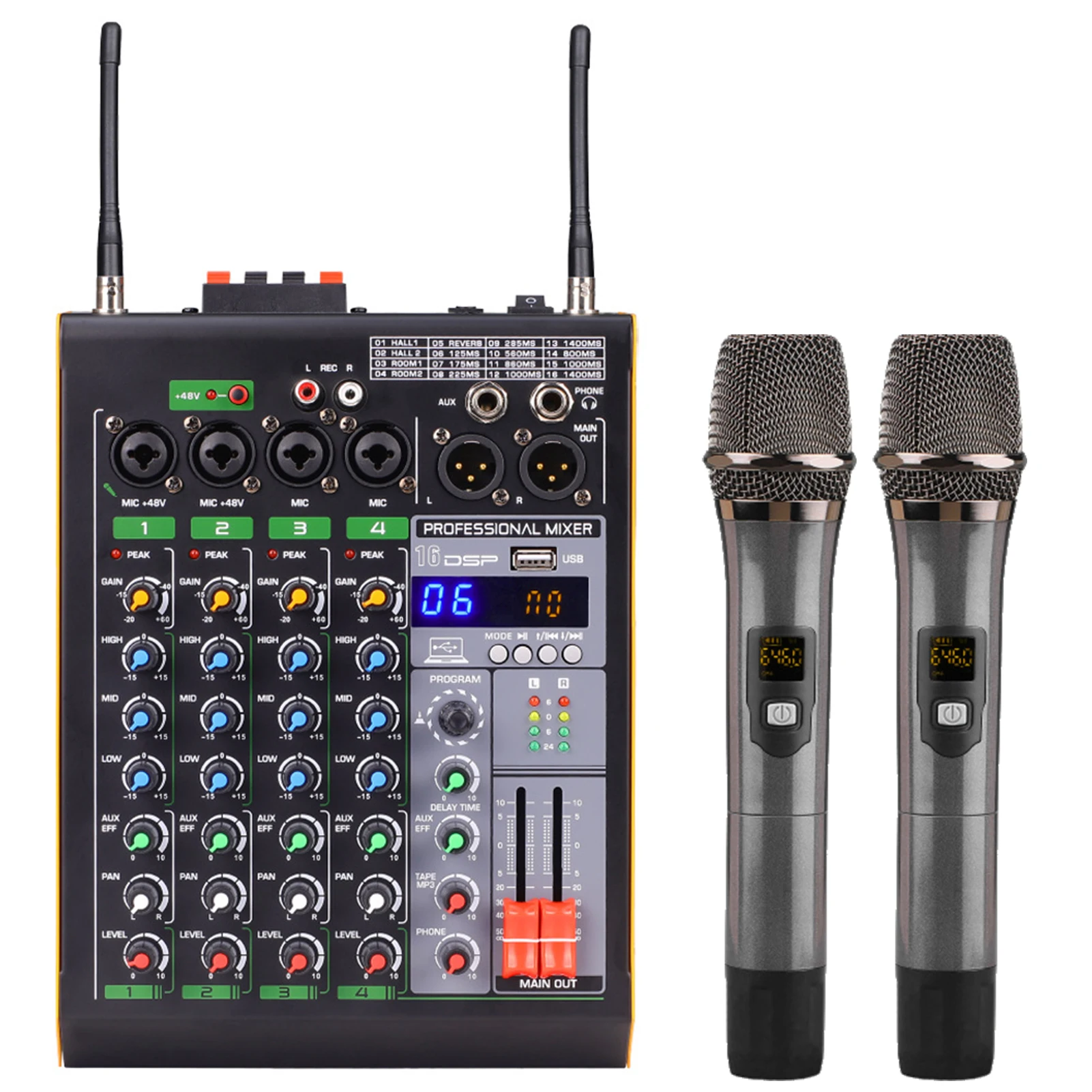 

4-channel Mini Audio Mixer Comes With 2 Wireless Mics Stereo Mixer Console BT USB For DJ Karaoke PC Record Audio Mixer