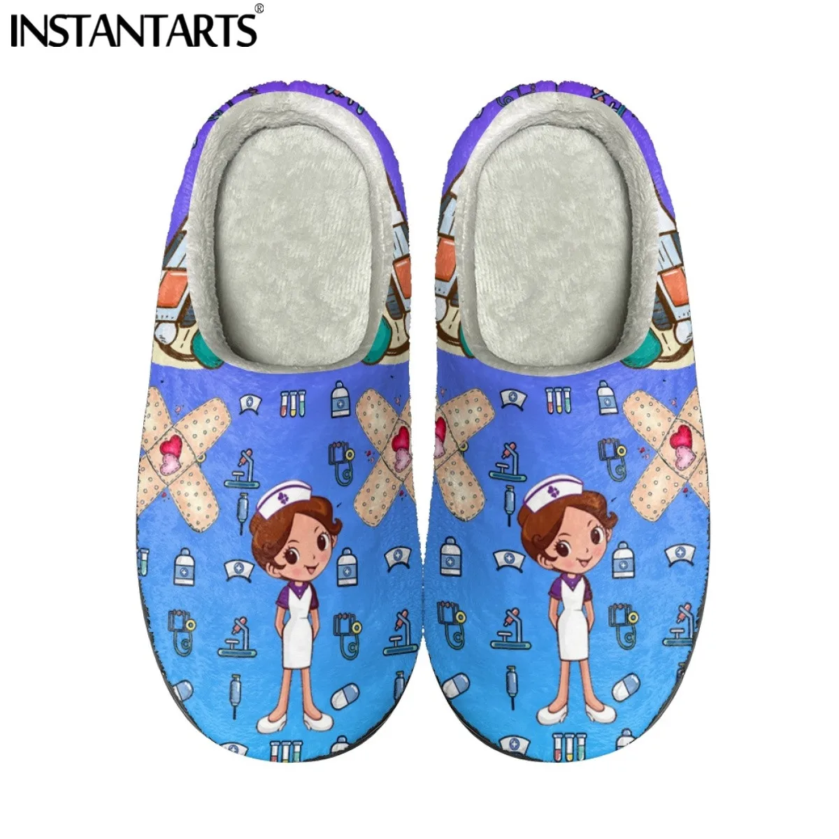 

INSTANTARTS Cartoon Nurse EMT EMS Pattern Female Winter Cotton Slippers Uxsex Large Size Home Slipper Thicken Keep Warm Shoes