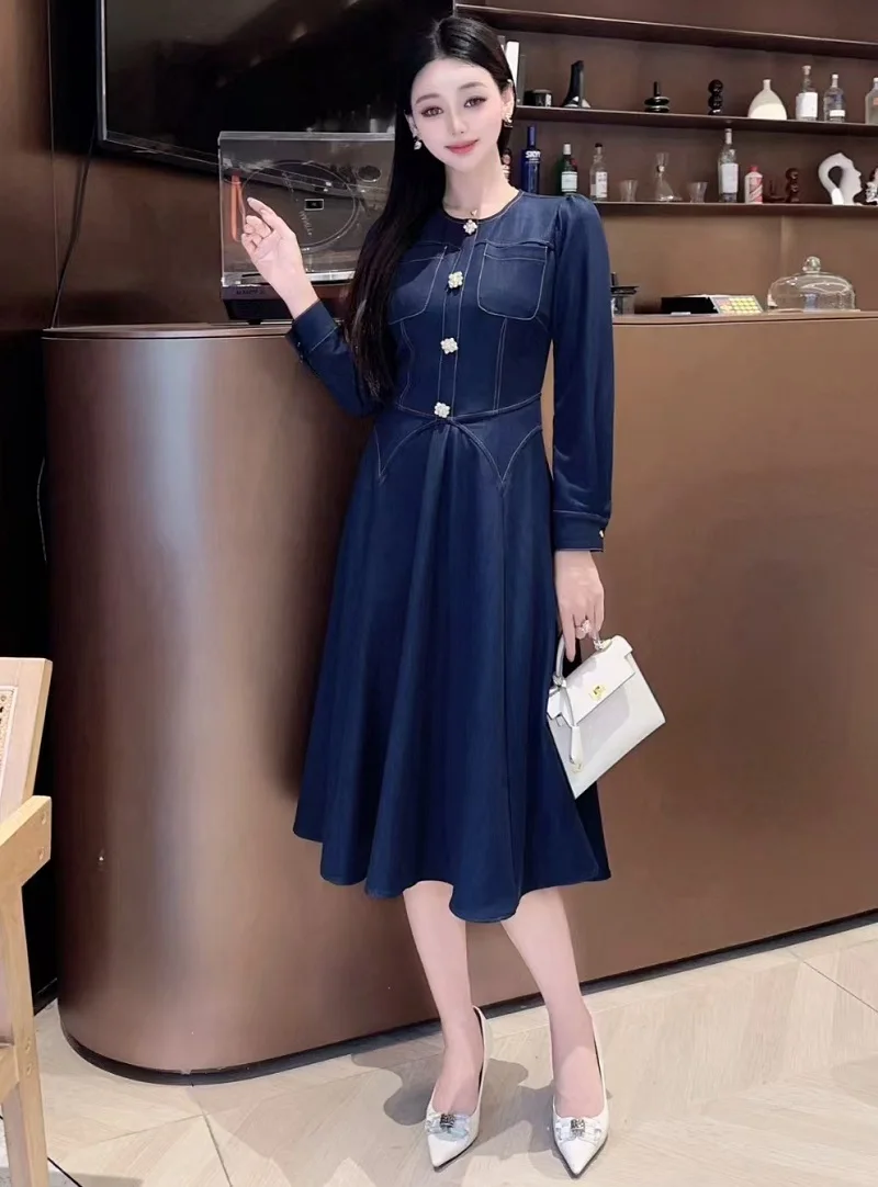 Джинсовое платье высокого качества 2024 весенняя мода женское повседневное синее