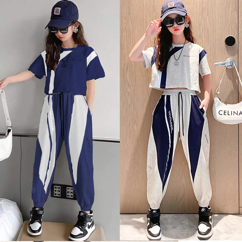

2022 summer Kids tracksuit Children Girls Clothes short sleeve T-Shirt + wide leg Pants Suit Teens patchwork 5 6 7 10 11 12 year