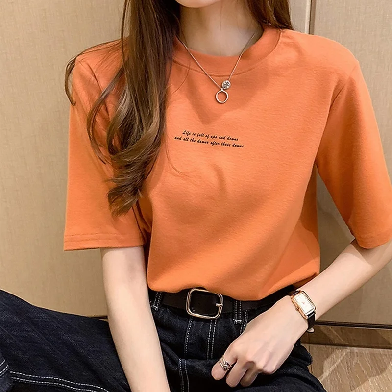 

New Korean Summer Loose Round Neck Short Sleeve T-shirt Female Printed Women's Top Student Bottomed Shirt