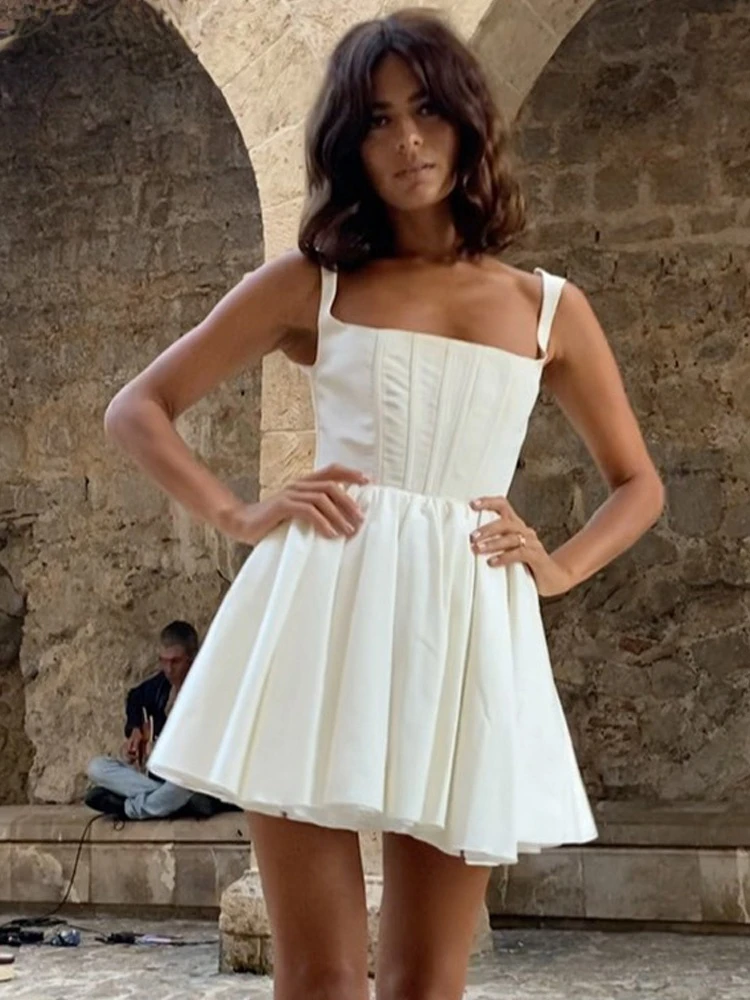 

Elegant A-Line Short Party Dress Square Neck Sleeveless Pleated Mini Dress Women Summer 2022 Cute Birthday Dress White