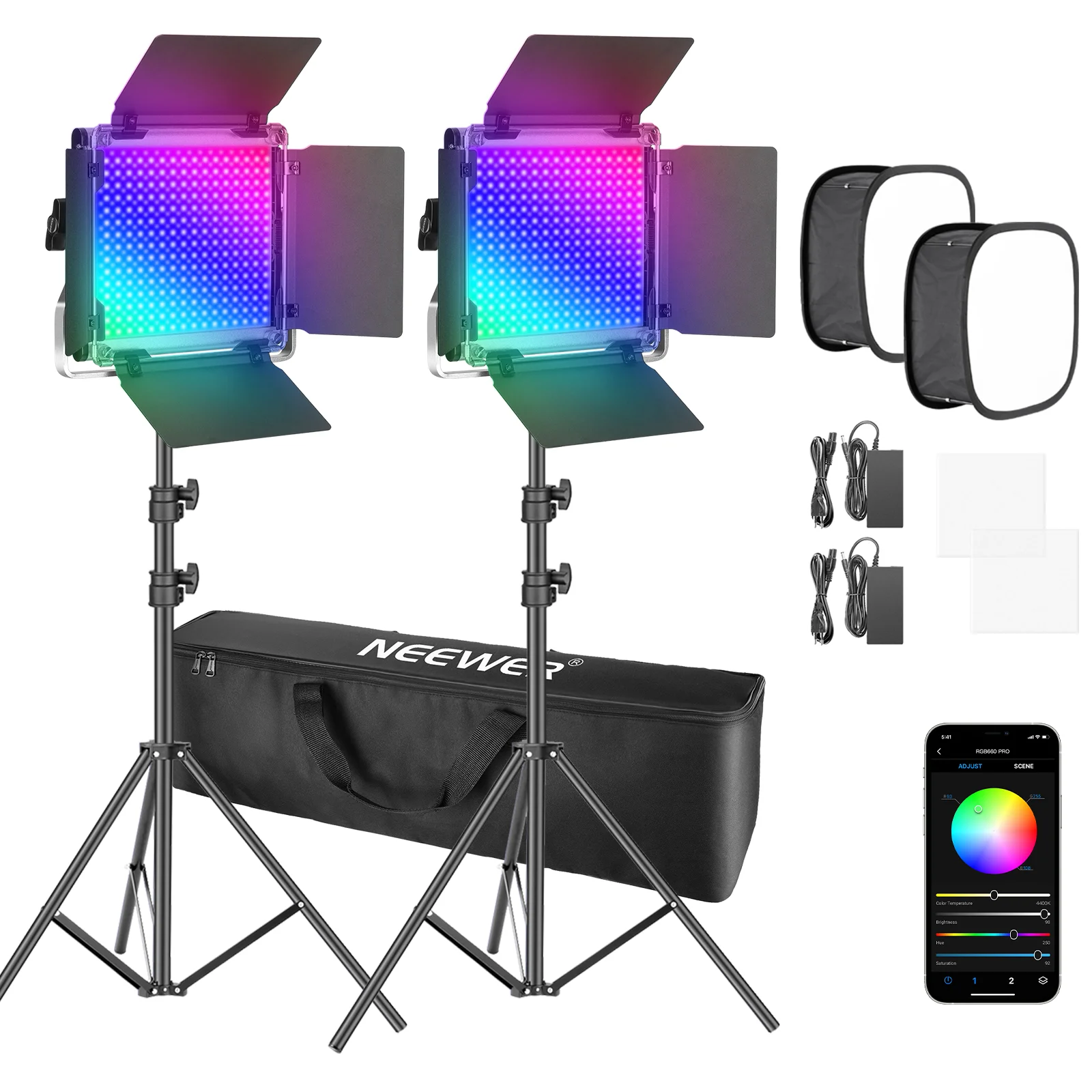 

Neewer 2 упаковки 660 RGB светодиодные лампы с управлением через приложение, комплект светильник фотосъемки и видеосъемки с подставками, софтбокс...