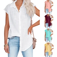 2022 summer new solid color single breasted shirt womens linen cotton european and american casual short sleeved tops