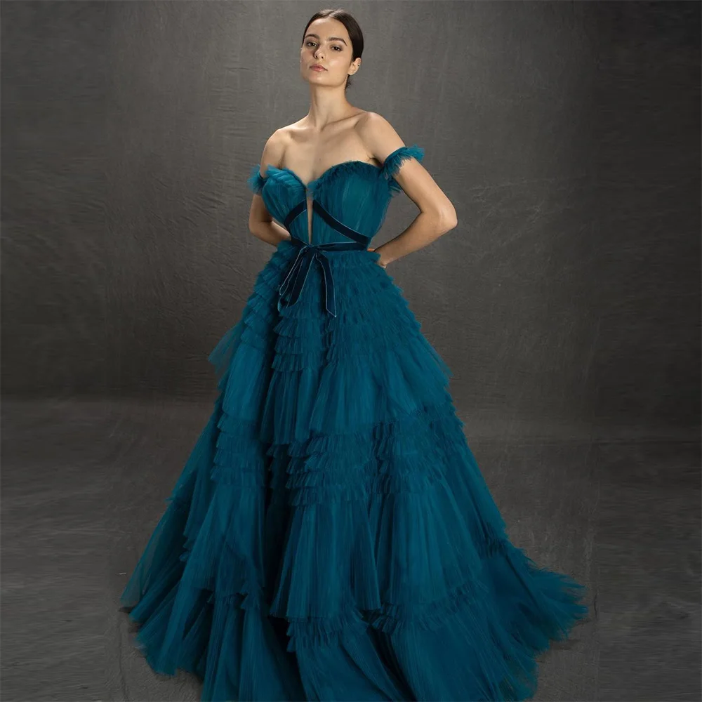 

Sevintage Exquisite Tiered Ruffles Tulle Prom Dresses Off the Shoulder Sleeveless A-Line Evening Gowns Wedding Party Dress