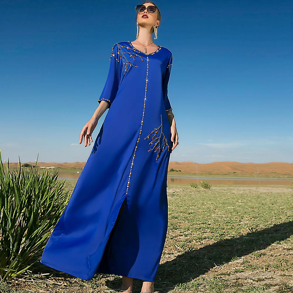 Muslim Sets Long Dress Sapphire Satin Sleeve Long Dress Dubai Travel Evening Dress Abaya Robe Wedding Dressds For Women 2022