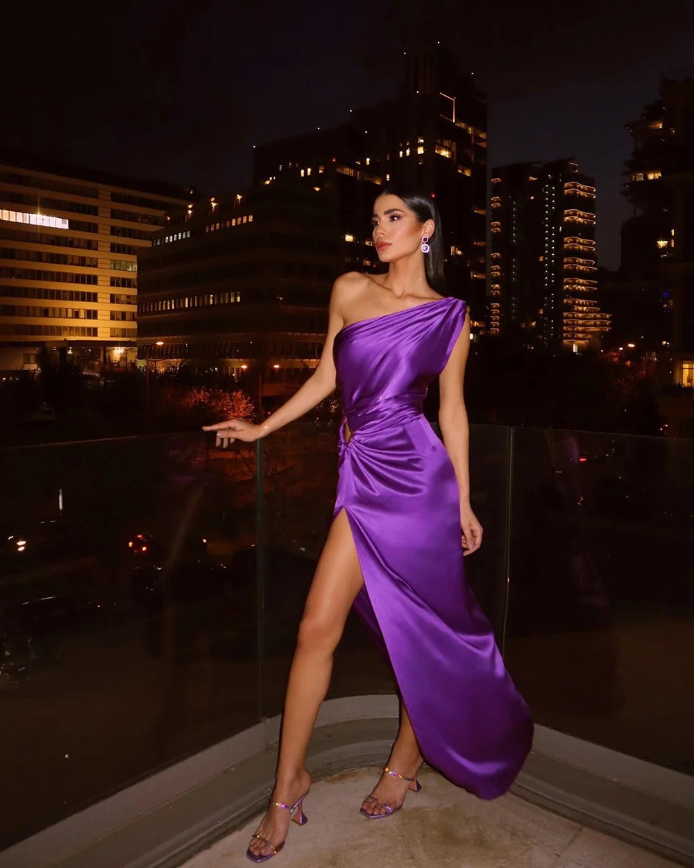 Women Purple Long Gown Sexy One Shoulder Skinny Draped Sleeveless Celebrity Party Dress Cutout High Slit Evening Dress