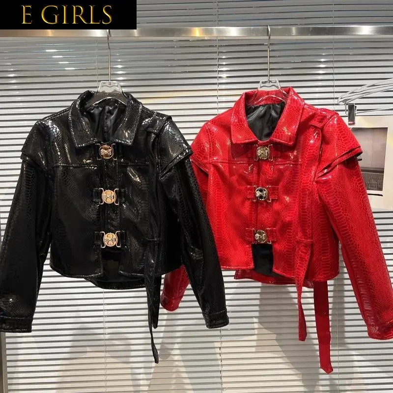 J GIRLS 2022 Autumn New Collection Long Sleeve Turn Down Collar Metal Buckles Bandage Pu Bright Faux Leather Jacket Women GG165