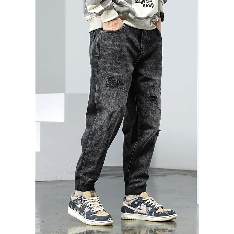 Streetwear Men Fashion New Pattern Recreational Black Haren Pants Hole Straight Cylinder Comfortable Loose Jeans Autumn Female