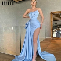 jeheth elegant strapless high slit mermaid satin evening dress vestidos sexy backless prom gown sweep train robe de soir%c3%a9e femme