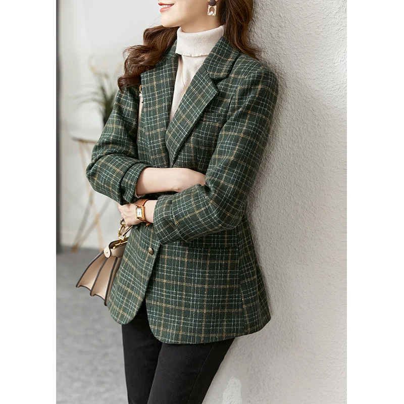 Vimly Green Plaid Woolen Suit Coat Women 2022 Winter Elegant Vintage Double-sided Winter Blazers Padded Jacket Clothing V6752