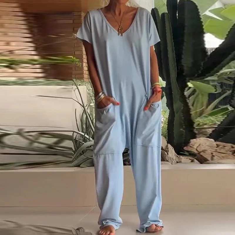 Женский комбинированный комбинезон из хлопка элегантный однотонный с короткими