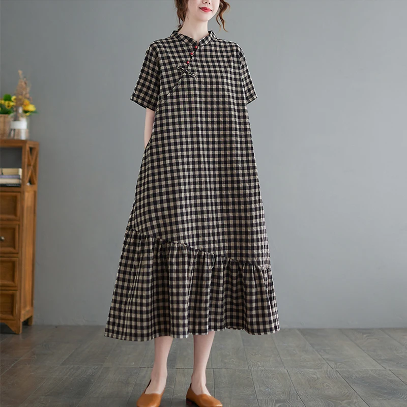 

Casual Long Dress Women Summer Elegant Cotton Linen Ruffle Boho Beach Maxi Dresses Cheongsam Plaid Dress