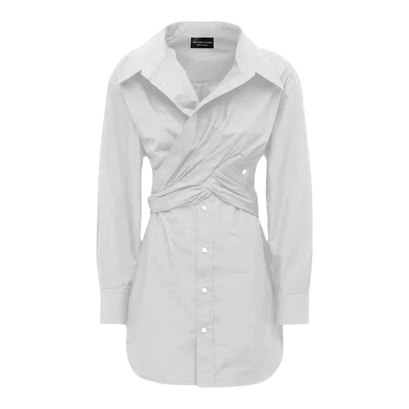 

SuperAen 2022 Autumn Winter New Solid Simple Mid-length Ruffled Turn-down Collar Straight Casual Office Lady Dresses for Women