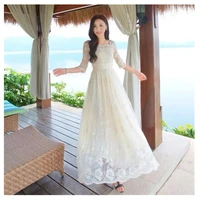 new product in summer 2022 flower lace temperament beach slim full length white stitching solid color female fairy skirt vestido