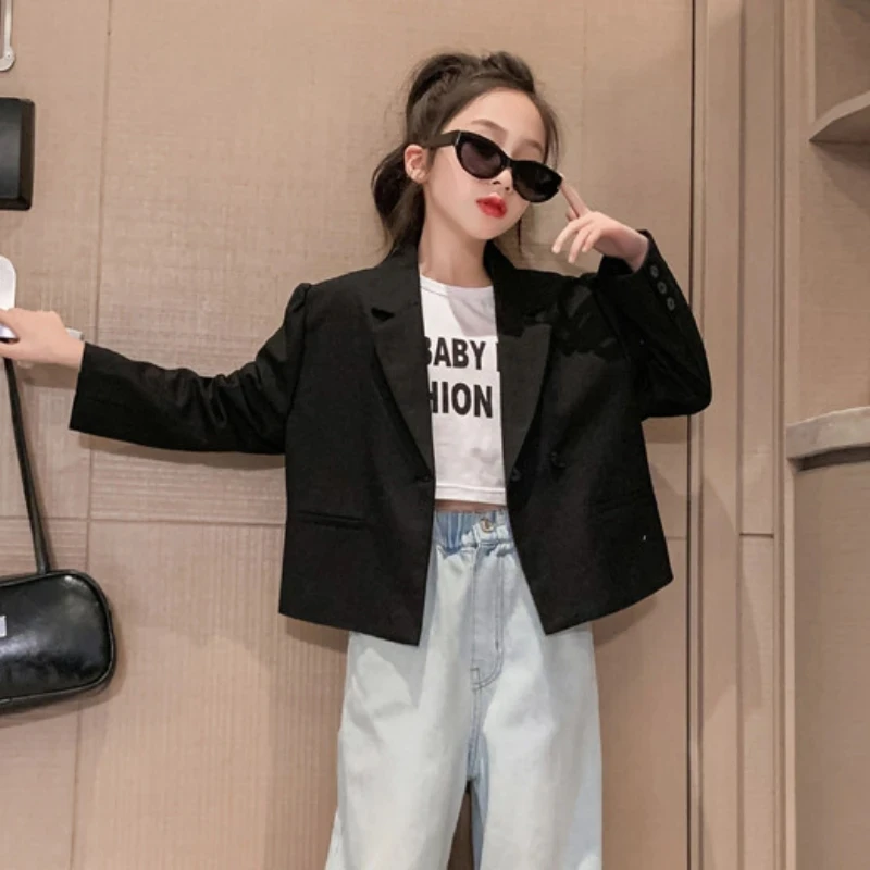 

Куртка короткая для девочек-подростков, модный блейзер для школы, повседневная универсальная одежда для детей 12, 13, 14 лет, на весну и осень