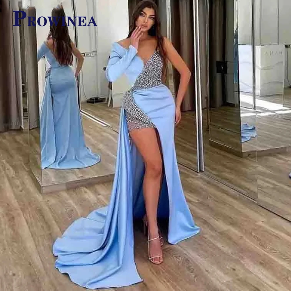 

Prowinea One-Shoulder Court Train Evening Party For Women Backless Sequined Floor-Length Satin V-neck Robes De Soirée Customised