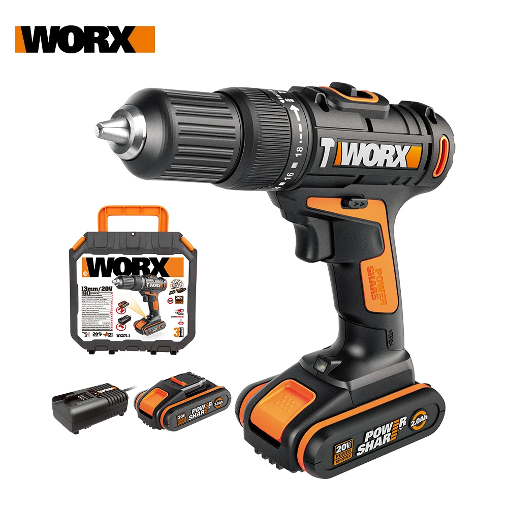 Worx 2*20V Cordless Impact Drill Driver WX371.1 Electric Drill Screwdriver Rechargeable+LED light Household Handheld Power Tools