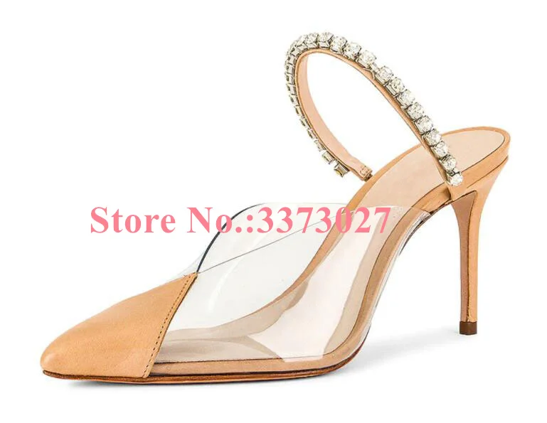 

New Nude Color PVC Crystal Strap Woman Sandals Fashion Pointed Toe Thin Heel Lady Casual Slippers Sexy Female Large Size Heels