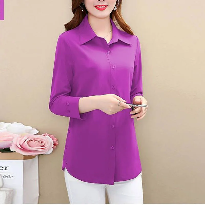 Korean Solid Color Casual Ladies Clothes 2023 Spring New POLO Collar Tops Women Single Breasted Long Sleeve Shirt