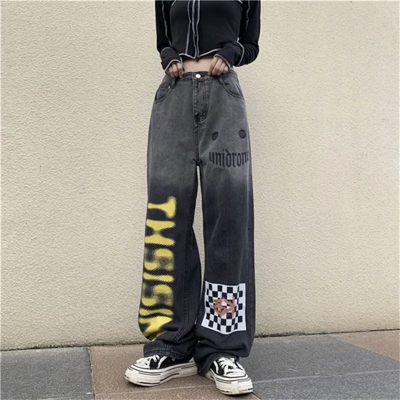 

Gothic Baggy Jeans Women Punk Hippie Streetwear Print Y2K Wide Leg Trouser Harajuku Grunge Denim Pants Vintage 90s Straight Jean
