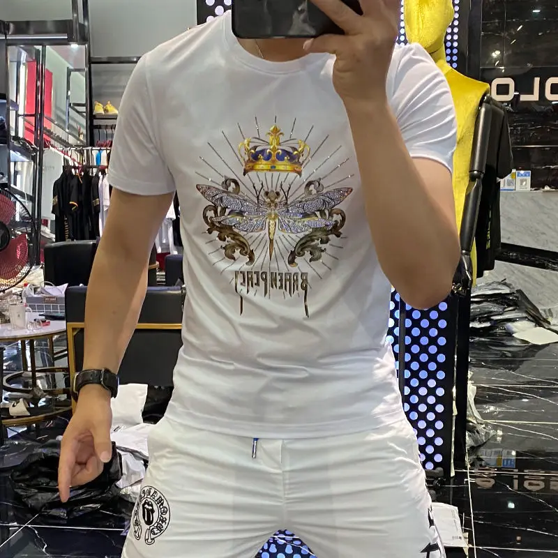 

Large size men's clothing 2022 summer new trend hot diamond printing mercerized cotton round neck short sleeve T-shirt men