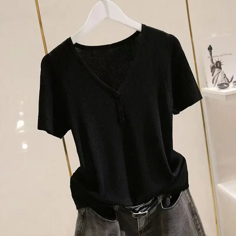 Женский вязаный топ из ледяного шелка с короткими рукавами новинка лета 2024