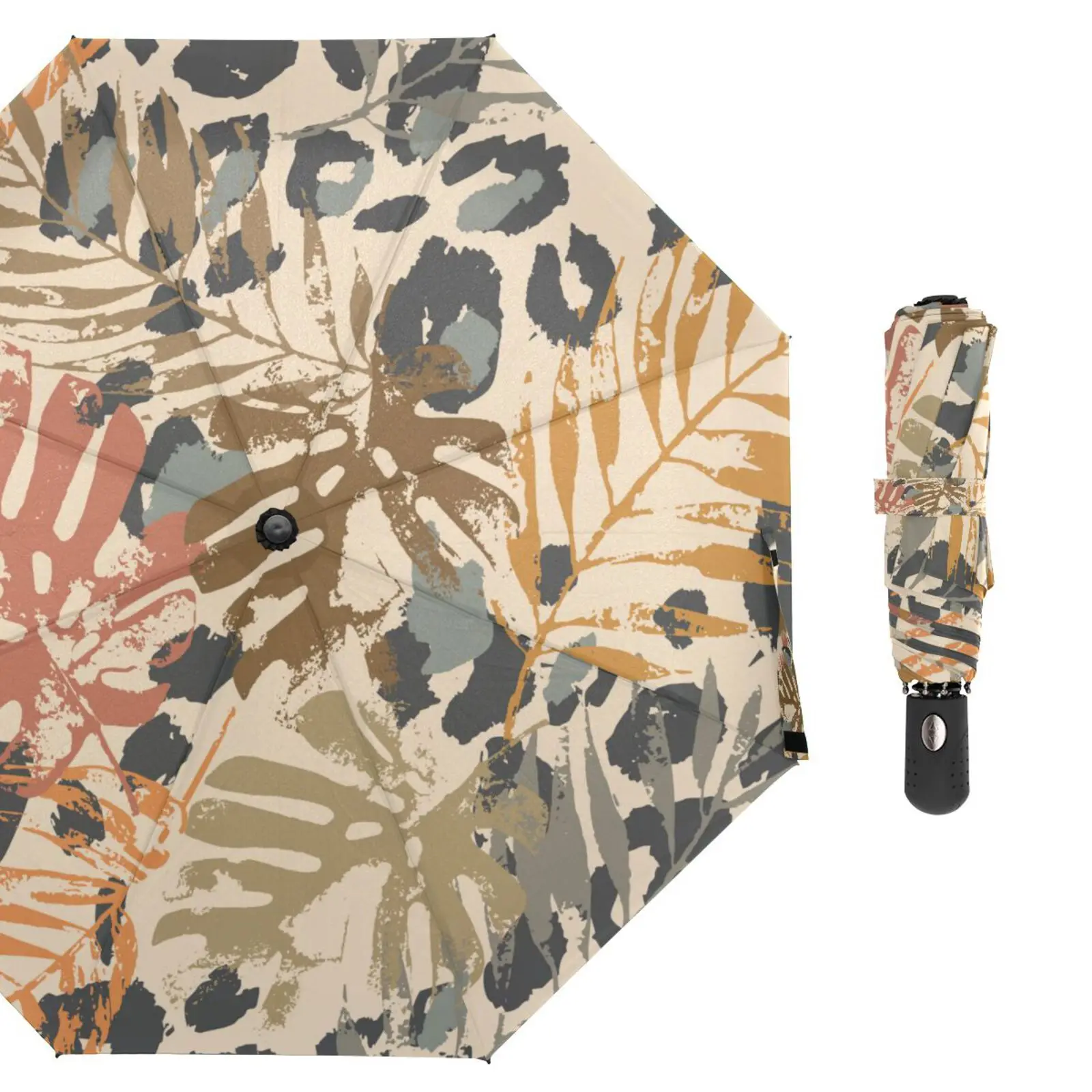 

Leopard Spot Leaves Print Windproof Women's Fully Automatic Umbrella Male Portable Three Folding Rain Umbrella For Travel 8 Ribs