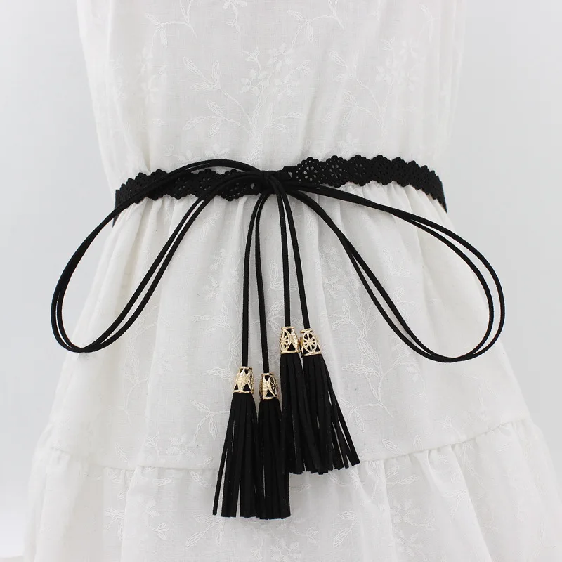 

2023 Women Long Hollow Out PU Leather Waist Cover Belt Lady Rope Adjustable Chic Tassels Strap Chain Knotted Waistband Accessory